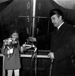 A Young Sponsor Prepares to Launch Nicola, the First SD14, at the Southwick Shipyard, Sunderland, 29 December 1967